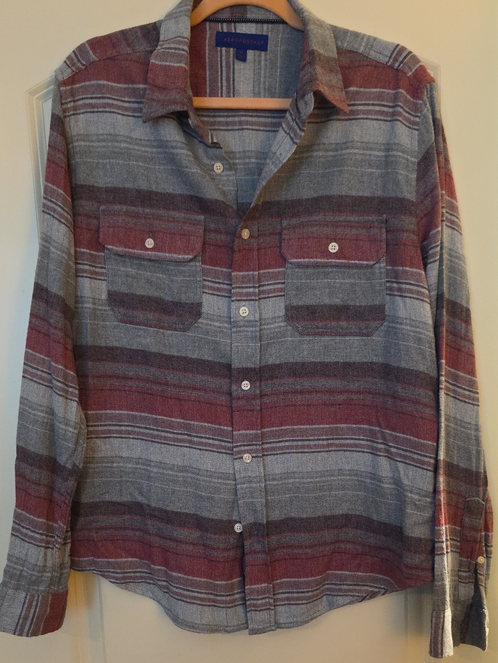 Aeropostale Men's Red and Gray Striped Casual Button-Down Shirt